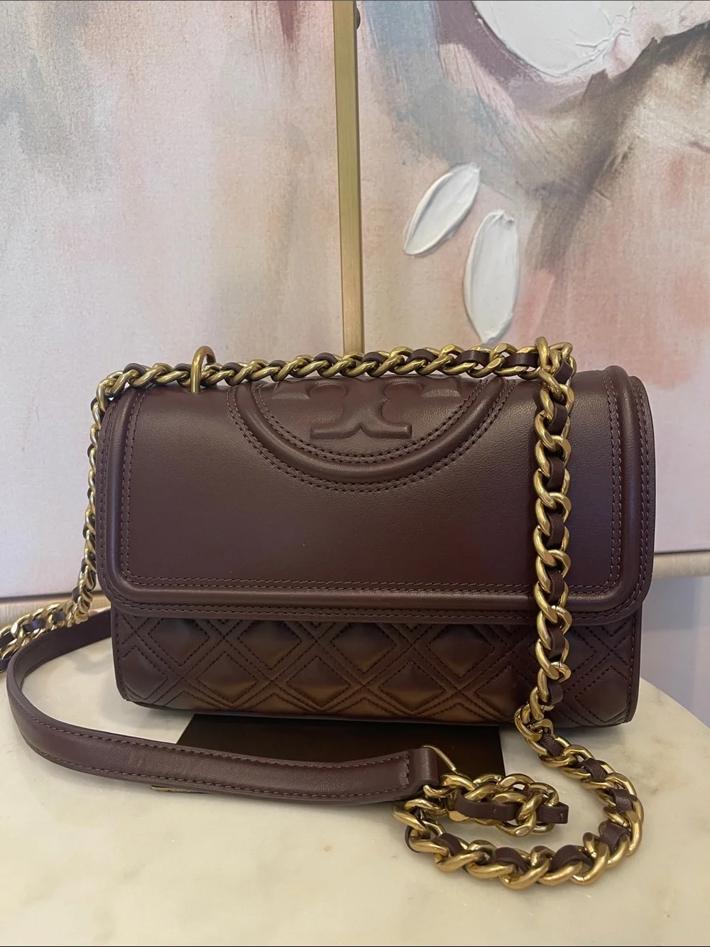 NWOT Tory Burch Quilted Fleming Shoulder Bag in Deep Wine Color with Gold Chain
